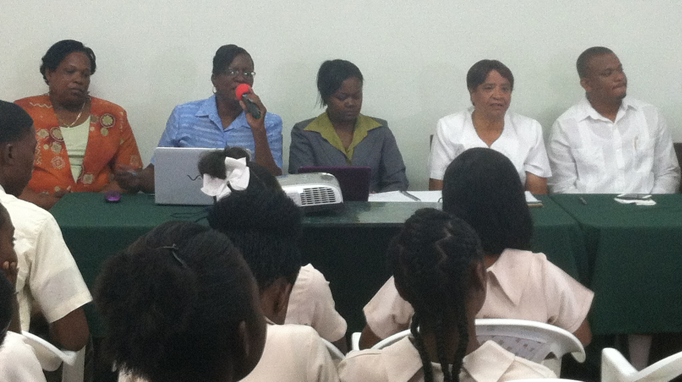 Excelsior Principal Gayle Thompson with Ministry of Education officials: Mrs. Brenda Armstrong - secondary school supervisor, Dr. Neulin Villanueva - research and planning, Sr. Caritas-Lawrence - secondary school supervisor and Education Minister Patrick Faber